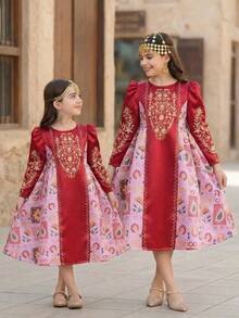 SHEIN Young Girl Round Neck Solid Color Patchwork Wine Red Floral Print Dress, Young Girls - Burgundy - View 1