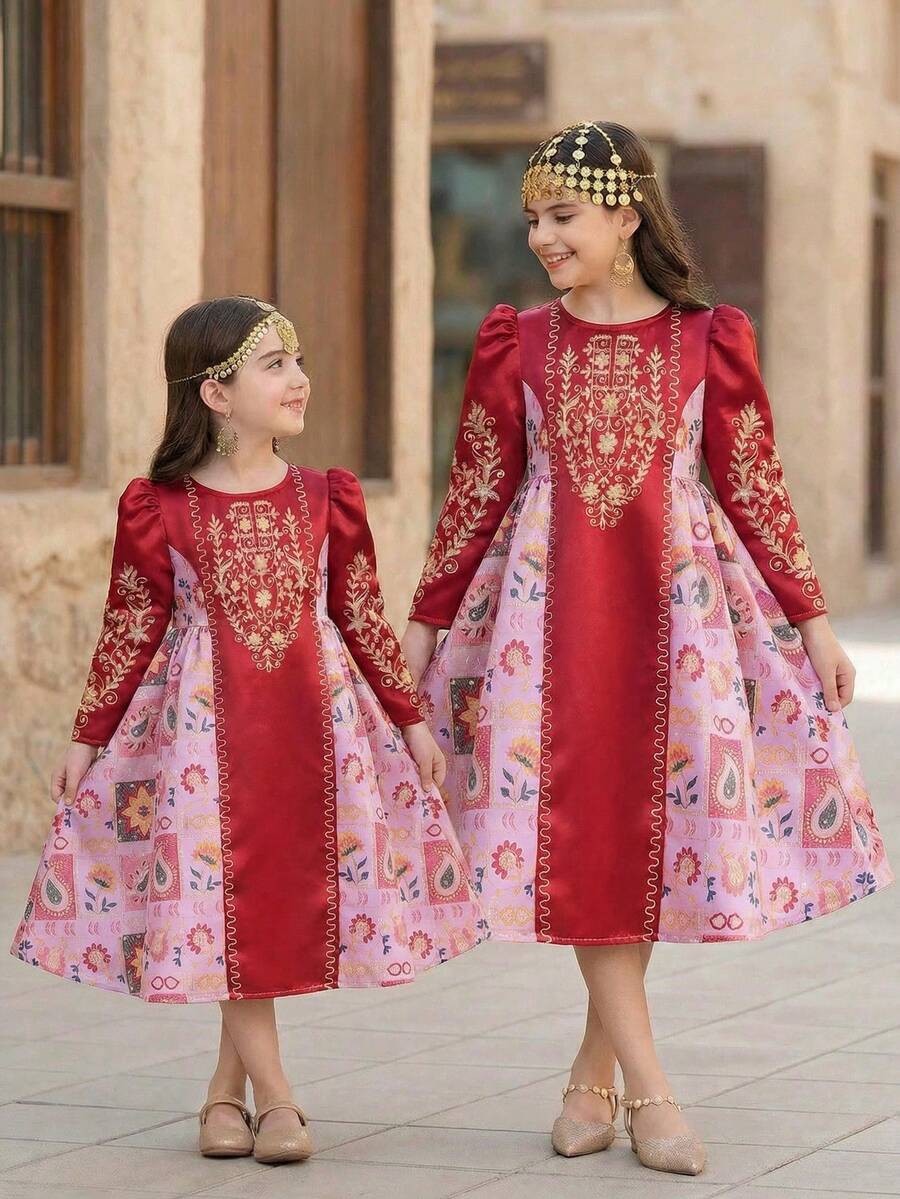 SHEIN Young Girl Round Neck Solid Color Patchwork Wine Red Floral Print Dress, Young Girls - Burgundy - View 1