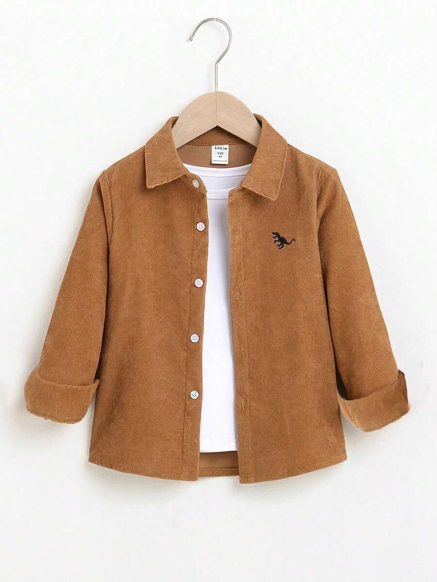 Oversized Boys' Spring/Autumn Casual Fashionable Shirt With Cute Embroidered Dinosaur Pattern, White Transparent Button Placket, Long Sleeve, Woven Fabric, Suitable For School, Casual, Vacation Wear - Brown - View 1