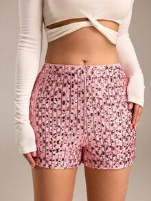 Glamine 女士黑色亮片短裤，迷人派对短裤，短裙亮片裙，水钻裙，闪亮裙，粉色亮片裙，粉色短裤，女士短裤 - 粉色 - 查看 5