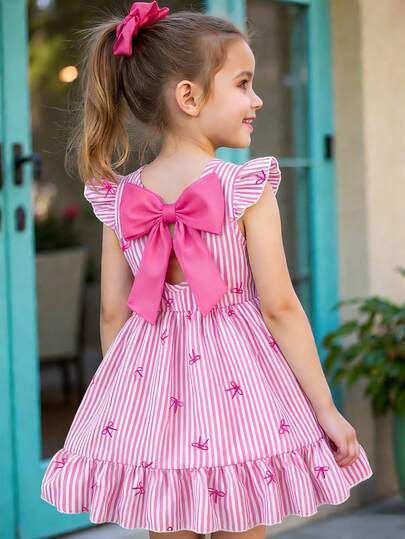 SHEIN Playful Pals Girls Elegant Striped Bow Print Round Neck Flutter Sleeve Hollow Back Bow Decor Waist Ruffle Hem Casual Fashionable Dress, Suitable For Vacation & Travel, Summer