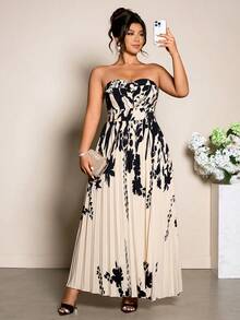SHEIN Tall CURVE Plus Size Women's Beige Elegant Summer Maxi Dress,Twist Print Ruffle Hem Off-The-Shoulder Holiday Wedding Guest Formal Boho Party Vacation Dress - Apricot - View 6