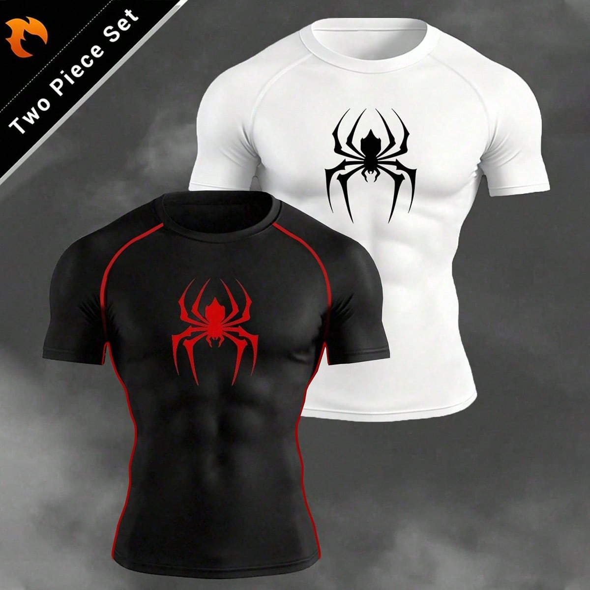 Conjunto de camiseta de compresión de manga corta y cuello redondo con estampado de araña para hombre, ajuste regular, para gimnasio
