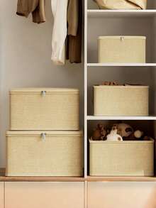 Caja de almacenamiento de tela plegable con tapa para ropa, juguetes y organización del hogar, organizador de algodón y lino para el dormitorio - Amarillo albaricoque - Ver 2
