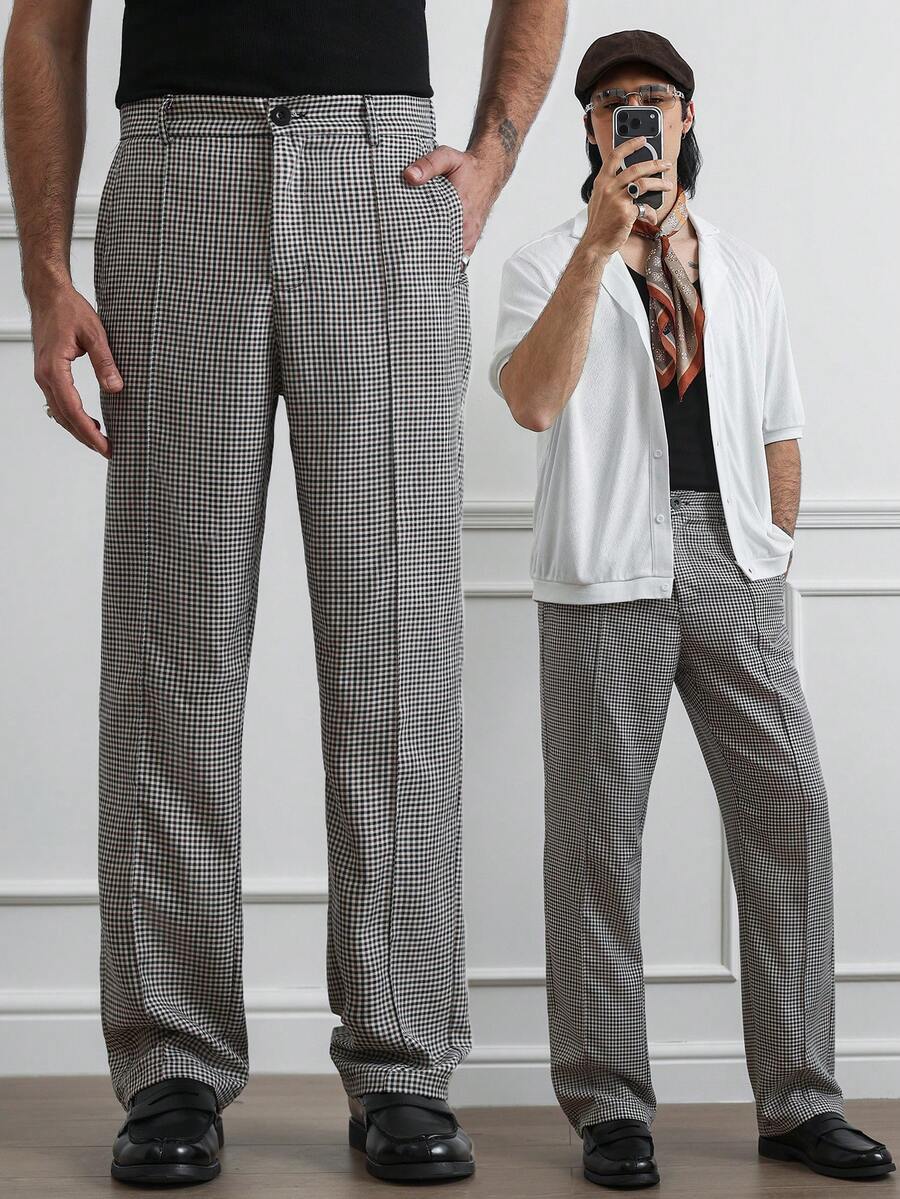 HUEFORM Pantalones a cuadros con pliegues de estilo vintage británico "Old Money" para hombres, adecuados tanto para el transporte como para ocasiones formales. Pantalones de vestir a cuadros para hombres. - Café integral - Ver 1