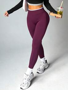 Contrast Waistband Seamless Knit Sports Leggings - Bold Plum - View 7