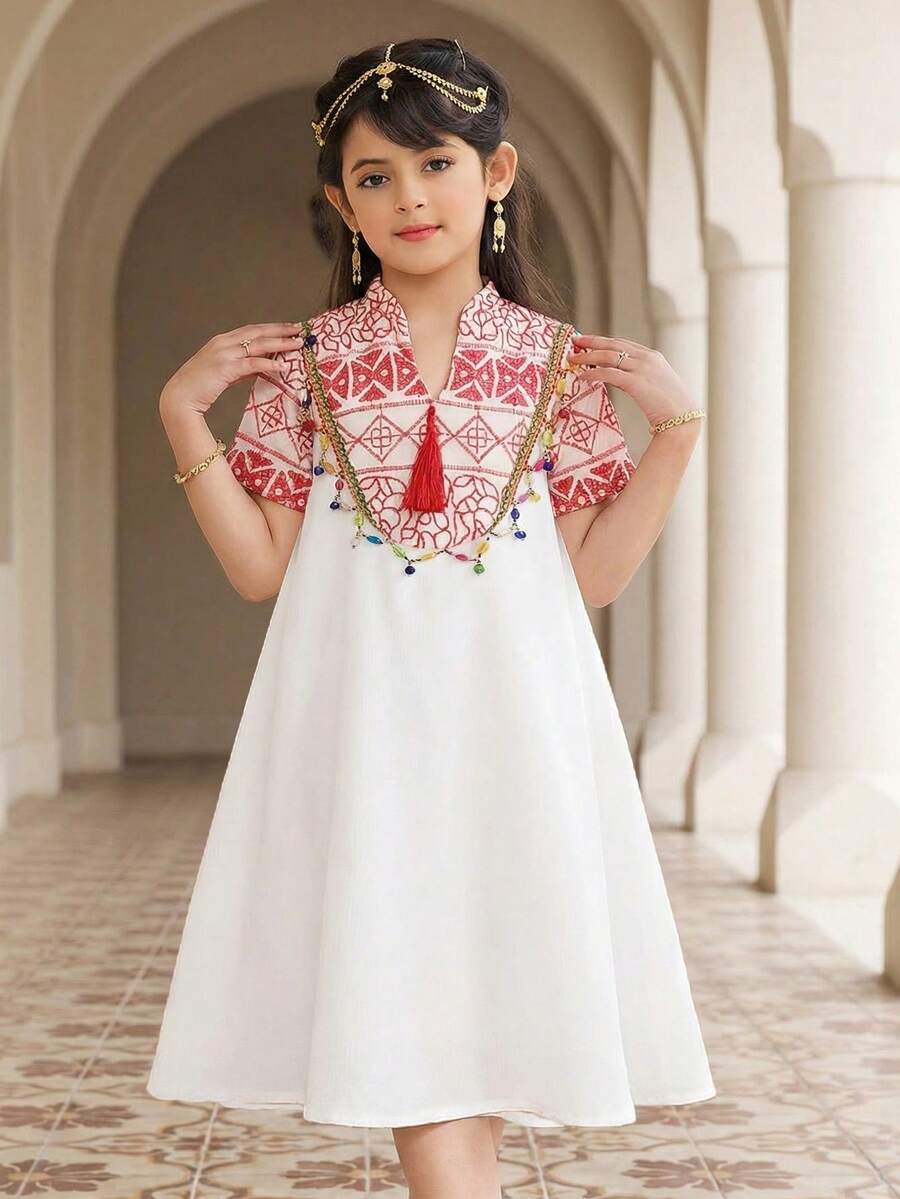 SHEIN 少女印花撞色翻领短袖A字宽松长裙 - 紅色 - 查看 1