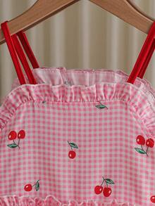 SHEIN Young Girls Cherry Digital Print Dress With 3D Cherry Frill Trim, Sleeveless A-Line, Casual, Beach, Party, Summer - Pink - View 4