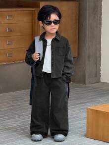 SHEIN 2pcs Young BoyGray Denim Lapel Long Sleeve Shirt And Loose Fit Pants Set - Black - View 7