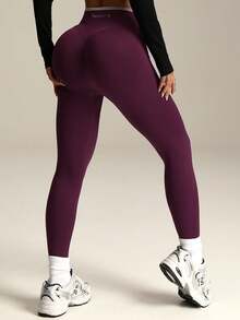 Contrast Waistband Seamless Knit Sports Leggings - Bold Plum - View 6