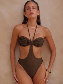 Swim Chiccia Traje de baño de una pieza elegante y sexy con espalda descubierta, plisado y trenzado en color marrón, adecuado para la playa, festivales de música, primavera/verano - Marrón - Ver 1