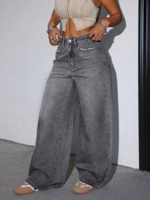 SHEIN 少女时尚休闲 Y2K 复古风，舒适透气，百搭宽松牛仔裤，柔软舒适，适合日常穿着，春夏、春夏、锐舞节、海滩等场合皆宜。Y2K 牛仔裤，宽松牛仔裤，阔腿牛仔裤，秋冬皆宜。 - 灰色 - 查看 3