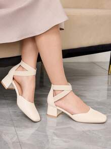 Sleekvia Zapatos de mujer con punta cuadrada, tacón alto grueso, beige, moda, banda elástica hueca, elegante, versátil, cómodo, zapatos de tacón alto para mujer, zapatos huecos