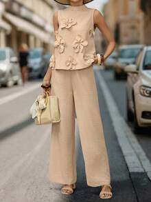 Editum 女士新款时尚优雅浪漫3D立体花卉上衣和阔腿裤两件套 - 杏色 - 查看 4