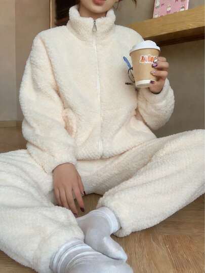 Pijamas mujeres conjuntos de mujer Pellizco de Cordero Cierre Cremallera y Cuello Alto Estampado de Conejos Dulce y Adorable Abrigado Conjunto de Dos Piezas para Uso Doméstico Almacén Local, pijamas mujeres,conjuntos de mujer,Almacén local