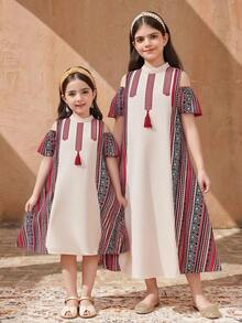 SHEIN Tween Girl Geometric Pattern Tassel Design Off-Shoulder Short Sleeve Dress - Apricot - View 2