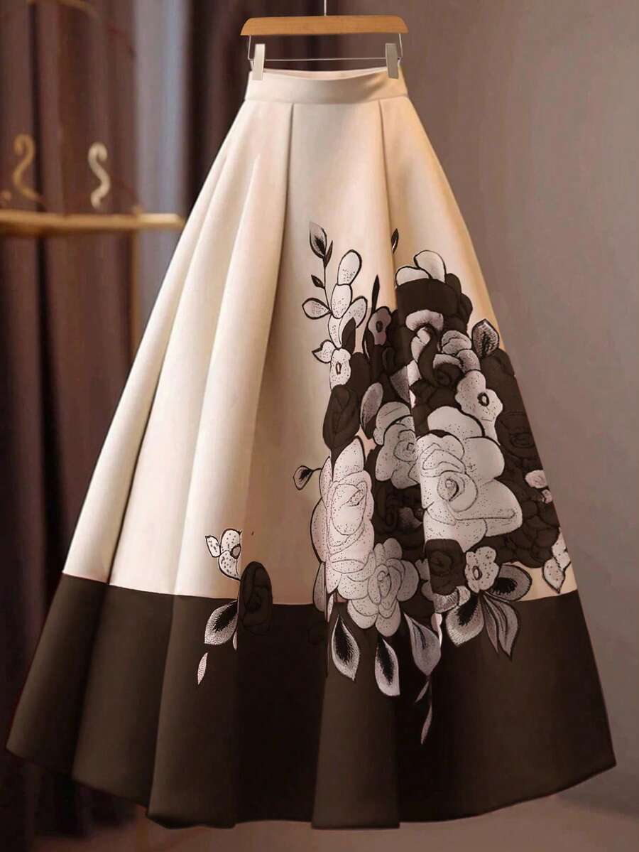 GlowEve 女士撞色印花休闲半身裙 - 棕色 - 查看 1