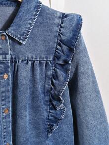Tween Girl Casual Washed Denim Jacket With Ruffle Hem - Light Wash - View 5