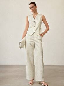 MOTF PREMIUM WOMEN'S APRICOT TEXTURED V-NECK SLEEVELESS WAISTCOAT & PANTS 2-PIECE SET - Apricot - View 5