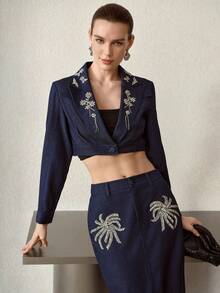 MOTF PREMIUM WOMEN'S RHINESTONE EMBELLISHED DENIM JACKET - Blue - View 1