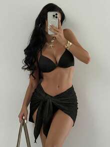 SHEIN Swim Summer Beach Halter Triangle Bikini Set With Beach Skirt - Black - View 4