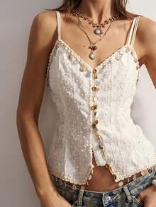 Bohemela Áo camisole dệt trơn màu thường ngày dành cho nữ - Màu be - Xem 4