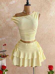 Soleia 新款纹理针织不对称肩部上衣 + 褶皱腰部印花半身裙，波西米亚风，浪漫印花，度假风，适合派对、约会、情人节、复活节、狂欢节、下午茶、海滩、邮轮、城市度假等场合。 - 黃色 - 查看 6