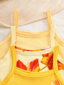 3件套少女休闲时尚连衣裙组合，针织面料黄色纯色及数码印花吊带修身连衣裙，黄色百合数码印花吊带修身连衣裙，橙黄渐变百合数码印花吊带修身连衣裙，芙蓉花泳衣，夏季服装，夏季上衣，花朵泳装，向日葵泳衣。夏季套装。优雅派对礼服。 - 黃色 - 查看 7