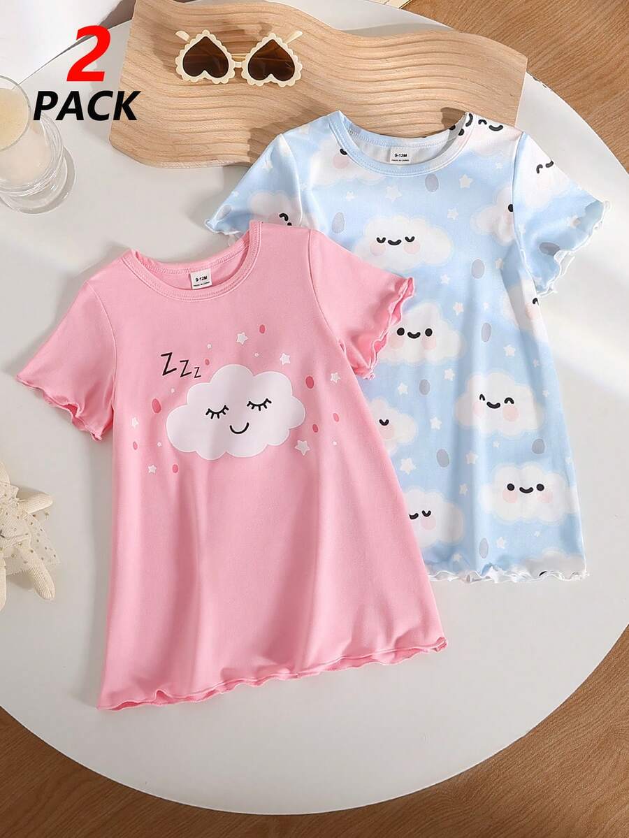 Set de 2 camisones para niñas bebé con estampado completo de nubes y ribete de puño y dobladillo con diseño de nubes lindas - Multicolor - Ver 1
