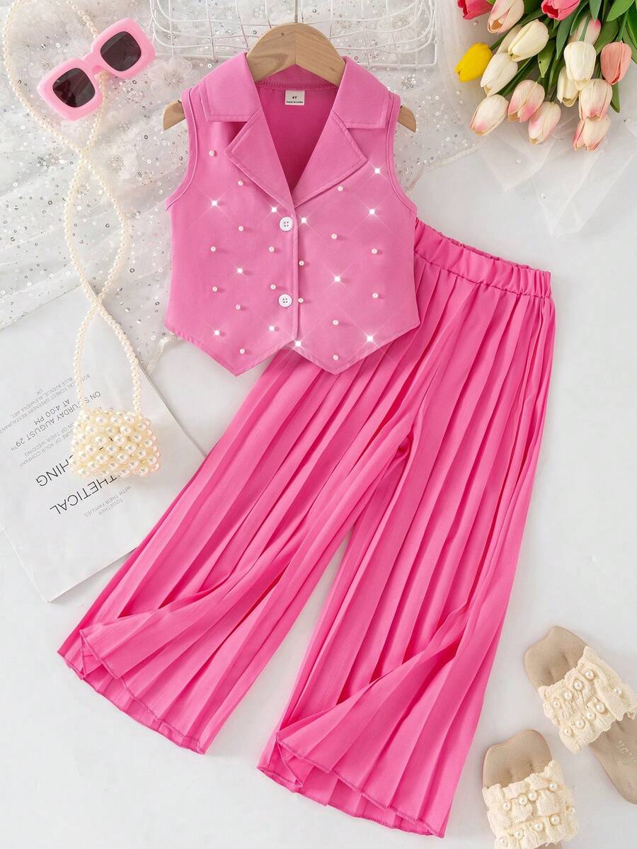 Conjunto de sudadera con capucha y sudadera para niñas jóvenes - Rosa Fucsia - Ver 1