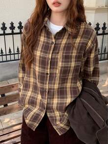 K-Vae 女士复古格子翻领单排扣休闲通勤长袖衬衫 - 卡其色 - 查看 4