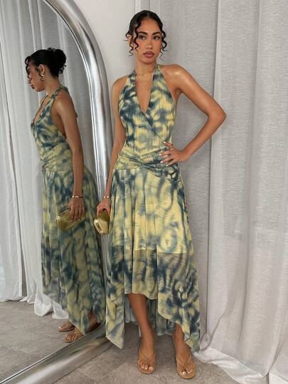 Glamine 女士长款连衣裙，露背吊带不对称下摆连衣裙，弹力修身连衣裙，浪漫度假连衣裙