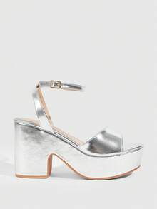 CUCCOO SZL 女士时尚银色踝带舒适厚底高跟凉鞋，适合约会、聚会、派对及各种场合。 - 銀色 - 查看 2