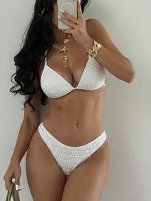 SHEIN Swim Summer Beach Plain Halter Triangle Bikini Set With Beach Skirt - White - View 4