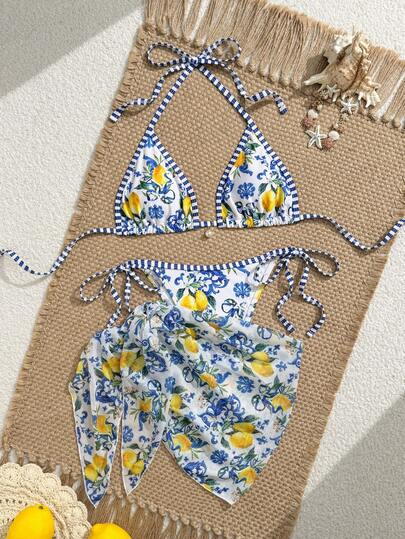 Swim Vcay 2026 New 3pcs/Set Women Random Print Triangle Bikini, Mesh Mini Skirt, Beach Vacation Summer Bikini Set Set