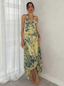 Glamine Women's Dark Yellow Tie Dye Halter Backless Asymmetrical Hem Dress,Stretchy Bodycon Boho Summer Holiday Vacation Long Beach Wedding Guest Sun Dress - Multicolor - View 1