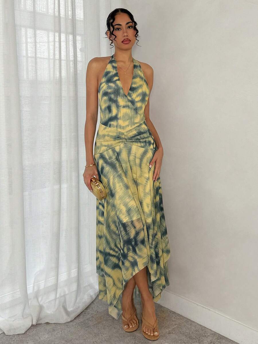 Glamine Women's Dark Yellow Tie Dye Halter Backless Asymmetrical Hem Dress,Stretchy Bodycon Boho Summer Holiday Vacation Long Beach Wedding Guest Sun Dress - Multicolor - View 1