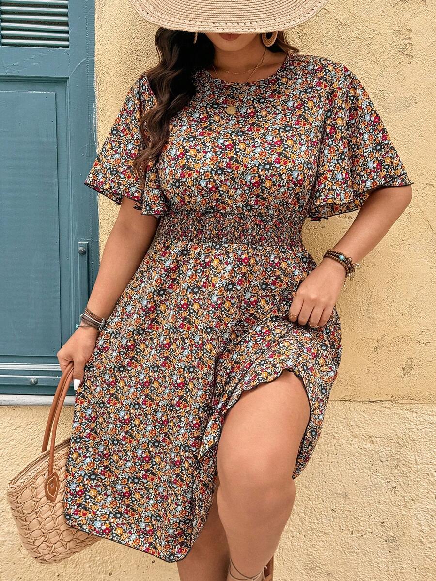 Breezaya 大码女式碎花圆领荷叶袖A字中长连衣裙，腰部褶裥设计，优雅休闲度假波西米亚浪漫连衣裙 - 彩色 - 查看 1