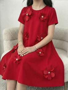 SHEIN Tween Girl Elegant Red Floral Summer Party Dress, Fashionable Round Neck Short Sleeve Red Dress With Flowers For Tween Girl, Party Wear Dress - Burgundy - View 4