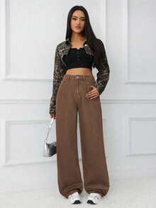 SHEIN Tall Quần jeans ống đứng dáng rộng in họa tiết da báo dành cho nữ - màu nâu - Xem 5