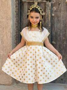 SHEIN Young Girl Gold Polka Dot V-Neck Sequin Ribbon Belt Decor Elegant Sleeveless Dress - White - View 9