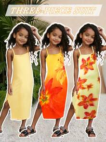 3件套少女休闲时尚连衣裙组合，针织面料黄色纯色及数码印花吊带修身连衣裙，黄色百合数码印花吊带修身连衣裙，橙黄渐变百合数码印花吊带修身连衣裙，芙蓉花泳衣，夏季服装，夏季上衣，花朵泳装，向日葵泳衣。夏季套装。优雅派对礼服。 - 黃色 - 查看 6