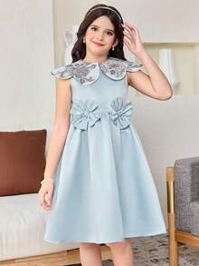 SHEIN Tween Girl Elegant Round Neck Bow Decor Ruffle Hem Sleeveless Dress - Multicolor - View 2