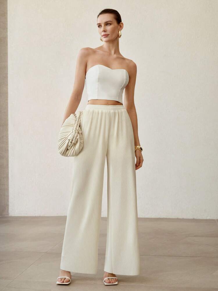 WOMEN'S APRICOT WIDE LEG CASUAL FOLD PLEATED PANTS