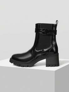 Mnmlis Women's Casual Versatile Buckle Design Chunky Heel Ankle Boots For Christmas - Black - View 1