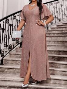 Fleurora 春夏秋冬优雅派对婚礼情人节鸡尾酒会音乐会/音乐节棕色编织重叠领喇叭开衩荷叶袖长款连衣裙大码 - 藕粉色 - 查看 4