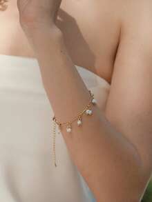 Opalesca 女士串珠手链、服饰、复古风、婚礼/新娘配饰、仙女风/精灵风、珍珠、金属质感/纹理、秋冬、优雅、送给妈妈/女士/女孩/母亲、高级、复古、叠戴、水晶、金色、串珠、情人节、礼物 - 金黃色 - 查看 4