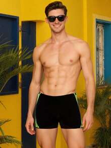 Manfinity Swimmode 男士沙滩度假休闲印花泳裤 男士泳装 荧光男士泳裤 男士泳装短裤 - 藏蓝色 - 查看 3