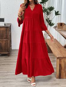 BrightlyHer Plus Size Red Satin Boho Dress For Women,Solid Color Maxi Casual Vacation Holiday Outfits,Autumn Spring Bohemian Beach Clothing,Summer Plus Dresses - Burgundy - View 3