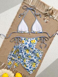 Swim Vcay 2026新款3件套女士随机印花三角比基尼，网纱迷你裙，沙滩度假夏季比基尼套装 - 彩色 - 查看 2